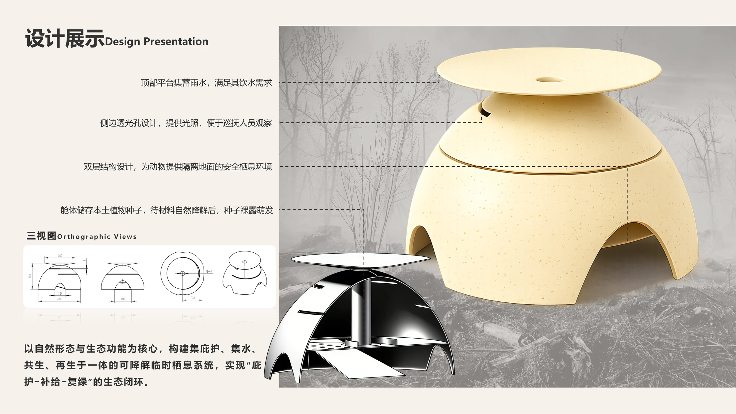 鳞烬栖舱最终设计、功能标注与三视图