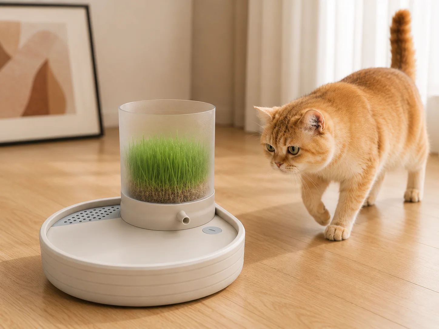 猫咪靠近山涧喵居智能饮水与猫草种植设备