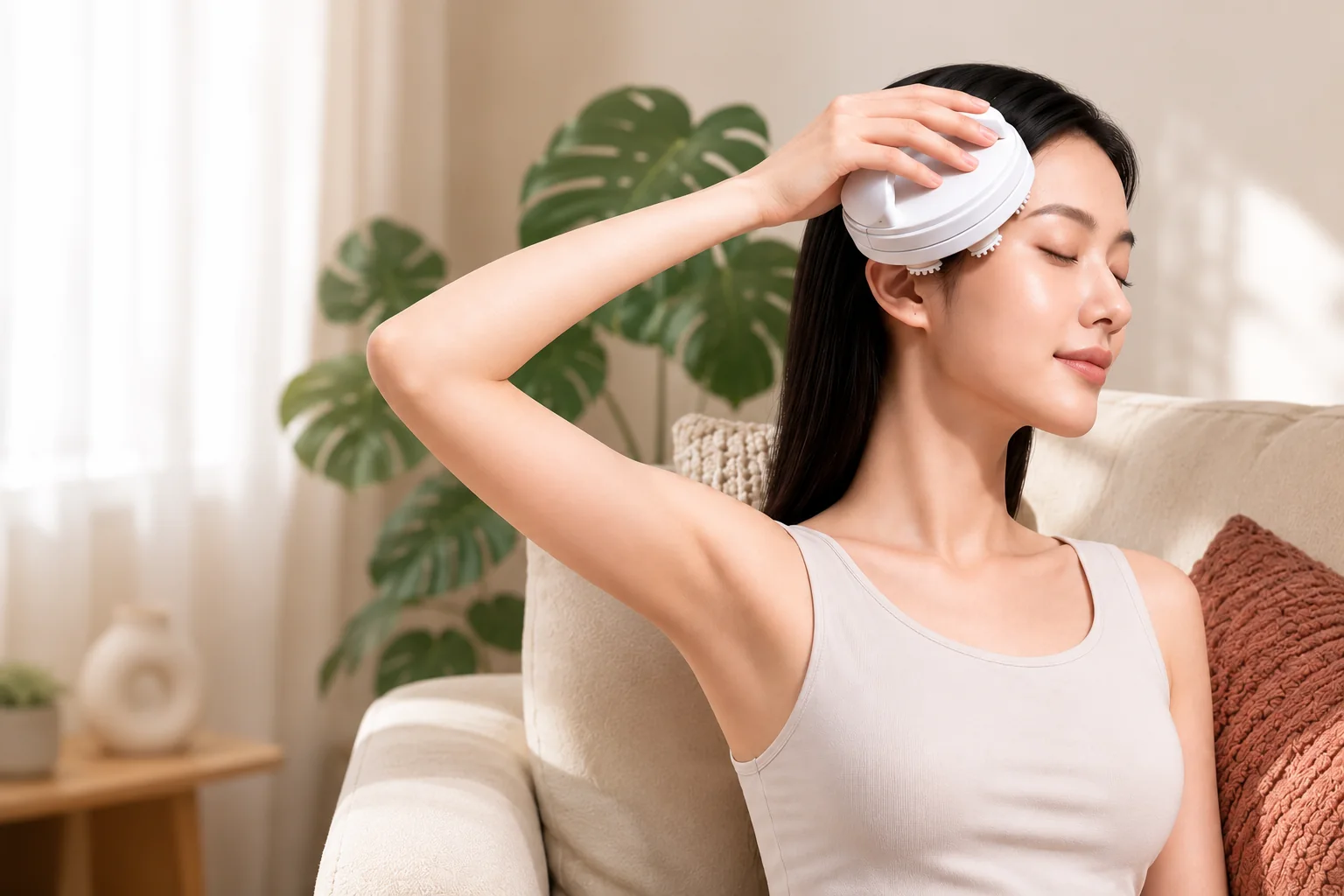 女性在家中使用 AI 云柔舒头仪护理头皮